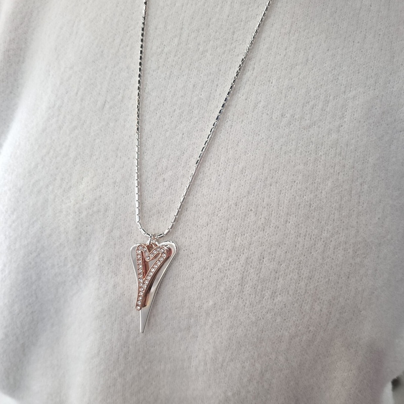 Miss Dee Sparkle Open Heart Long Necklace in Two Tone - Silver & Rose