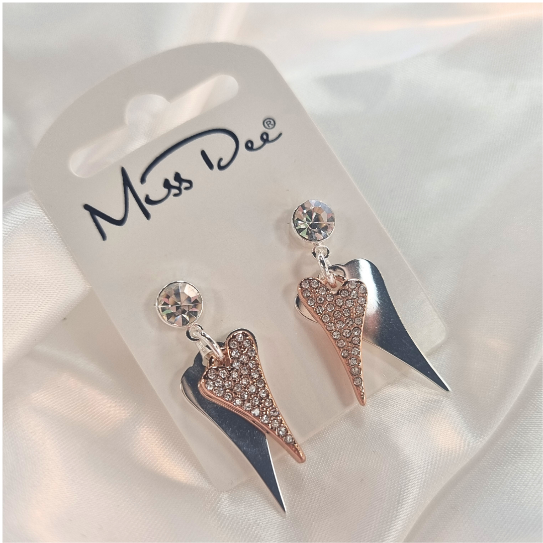 Miss Dee Sparkle Double Heart Drop Earrings in Silver Rose