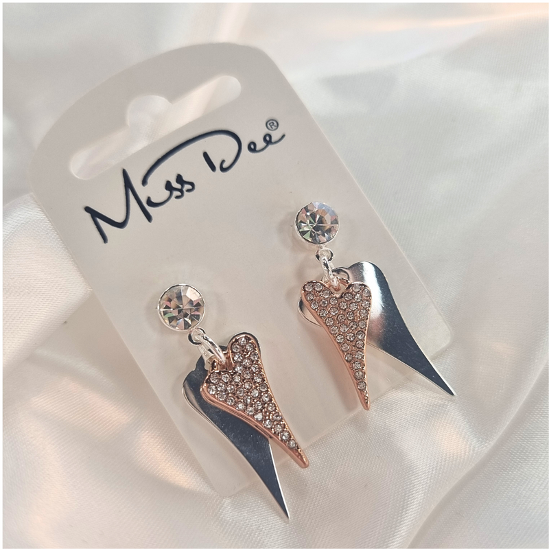 Miss Dee Sparkle Double Heart Drop Earrings in Silver & Rose
