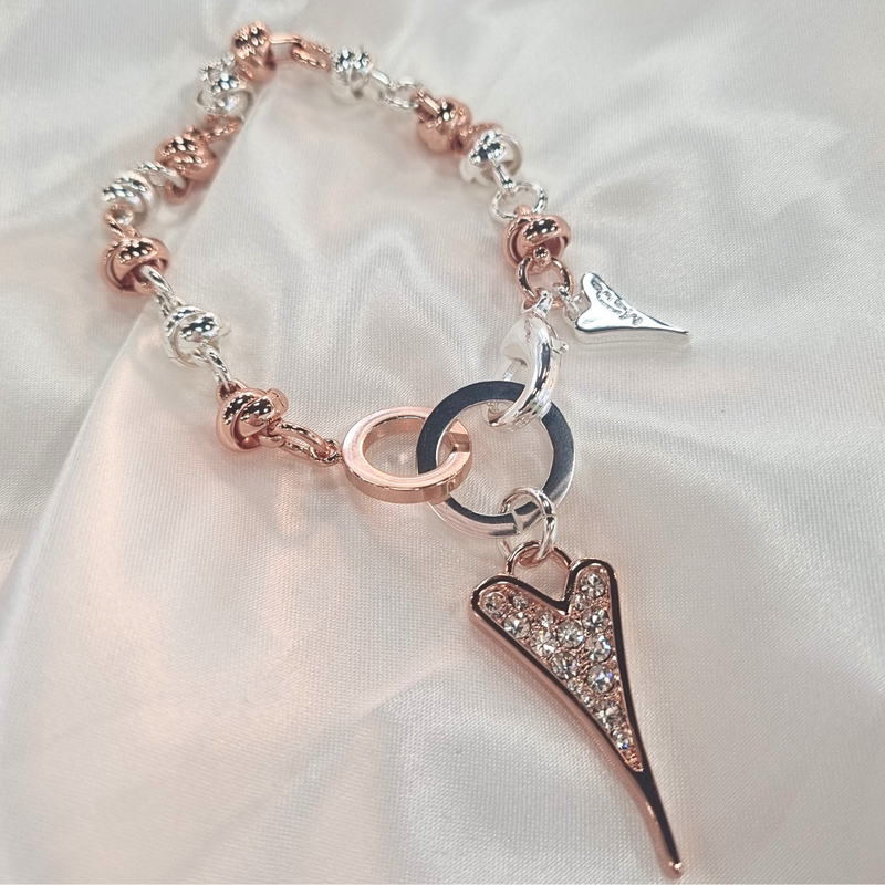 Miss Dee Sparkle Heart Knotted Bracelet in Silver & Rose