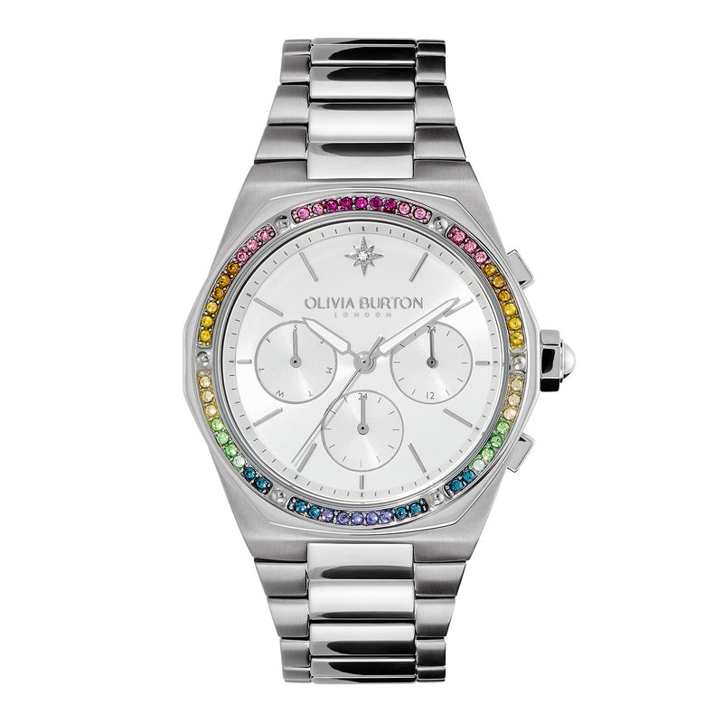 Olivia Burton 38mm Hexa Multi-Function Rainbow & Silver Bracelet Watch