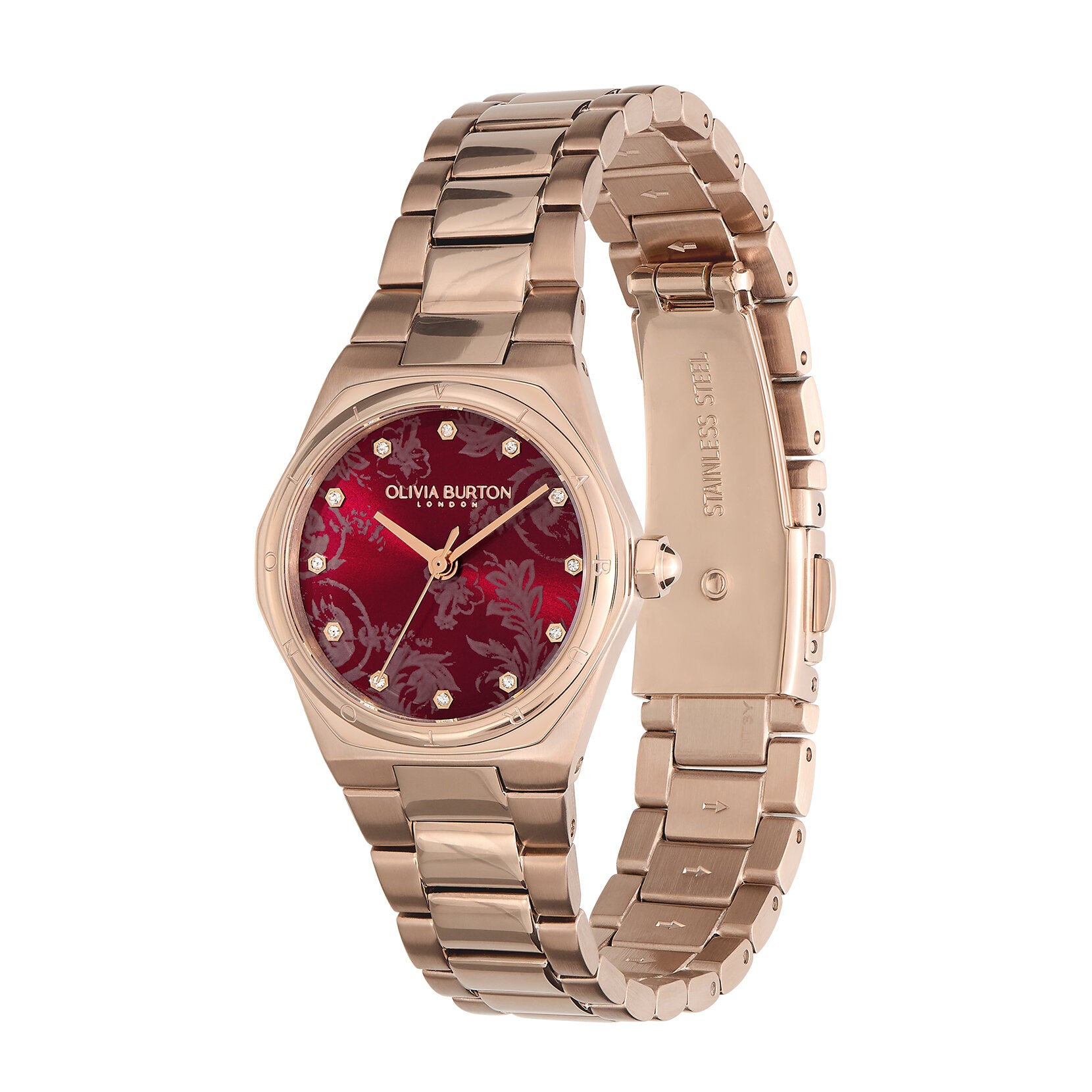 Stainless steel watch with carnation hot sale gold dial and crystal markers