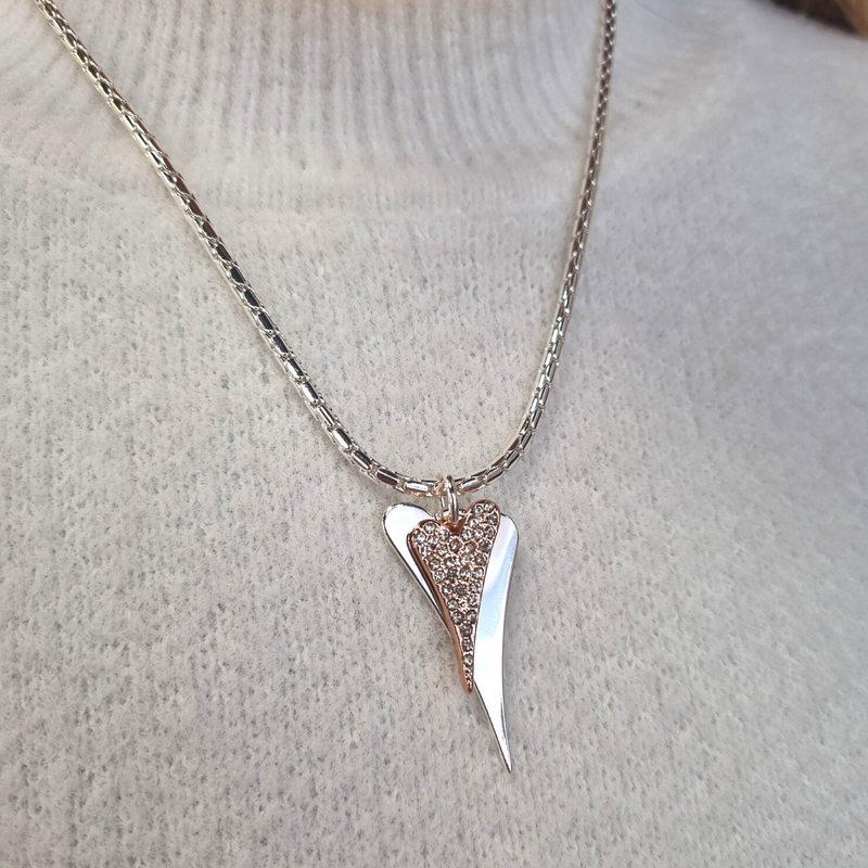 Miss Dee Sparkle Double Heart Necklace in Two Tone - Silver & Rose