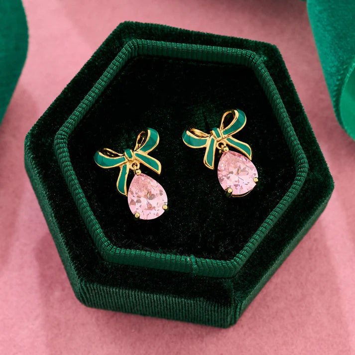 Amelia Scott Bow Stud Earrings in Green Enamel, Pink CZ & Gold