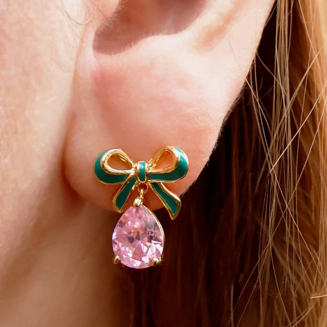 Amelia Scott Bow Stud Earrings in Green Enamel, Pink CZ & Gold