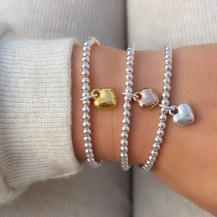 Orli Puffed Heart Beaded Bracelet in Silver & Gold